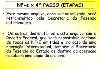 NF-e x 4º PASSO (ETAPAS)
• Este mesmo arquivo, após ser autorizado, será
  retransmitido pela Secretaria da Fazenda
  autorizadora.

• Os outros destinatários deste arquivo são a
  Receita Federal, que será repositório nacional
  de todas as NF-E emitidas e, no caso de uma
  operação interestadual, também a Secretaria
  da Fazenda do Estado de destino da operação
  receberá uma cópia do arquivo.
 