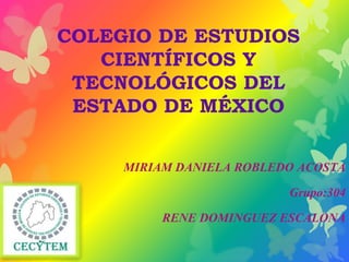 COLEGIO DE ESTUDIOS
CIENTÍFICOS Y
TECNOLÓGICOS DEL
ESTADO DE MÉXICO
MIRIAM DANIELA ROBLEDO ACOSTA
Grupo:304
RENE DOMINGUEZ ESCALONA
 