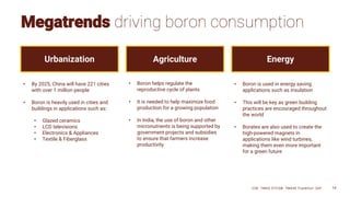 Urbanization Agriculture Energy
Megatrends driving boron consumption
• By 2025, China will have 221 cities
with over 1 million people
• Boron is heavily used in cities and
buildings in applications such as:
• Glazed ceramics
• LCD televisions
• Electronics & Appliances
• Textile & Fiberglass
• Boron helps regulate the
reproductive cycle of plants
• It is needed to help maximize food
production for a growing population
• In India, the use of boron and other
micronutrients is being supported by
government projects and subsidies
to ensure that farmers increase
productivity
• Boron is used in energy saving
applications such as insulation
• This will be key as green building
practices are encouraged throughout
the world
• Borates are also used to create the
high-powered magnets in
applications like wind turbines,
making them even more important
for a green future
CSE: TMAS OTCQB: TMASF Frankfurt: 26P 14
 