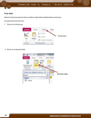 Crear tabla.
Antes de iniciar el proceso de crear una tabla se debe definir perfectamente su estructura.
Los pasos para el proceso son:
1. Dar clic en la ficha crear.
Ficha crear.
2. Dar clic en el elemento tabla.
Elemento tabla.
122
GENERALIDADES DEPROGRAMACIÓN DEBASEDEDATOS
 