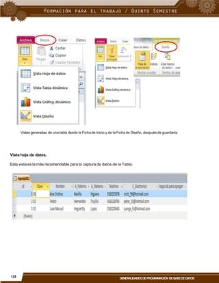 Vistas generadas de una tabla desde la Ficha de Inicio y de la Ficha de Diseño, después de guardarla.
Vista hoja de datos.
Esta vista es la más recomendable para la captura de datos de la Tabla.
128
GENERALIDADES DEPROGRAMACIÓN DEBASEDEDATOS
 