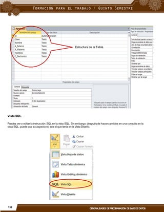 Estructura de la Tabla.
Vista SQL.
Puedes ver o editar la instrucción SQL en la vista SQL. Sin embargo, después de hacer cambios en una consulta en la
vista SQL, puede que su aspecto no sea el que tenía en la Vista Diseño.
130
GENERALIDADES DEPROGRAMACIÓN DEBASEDEDATOS
 