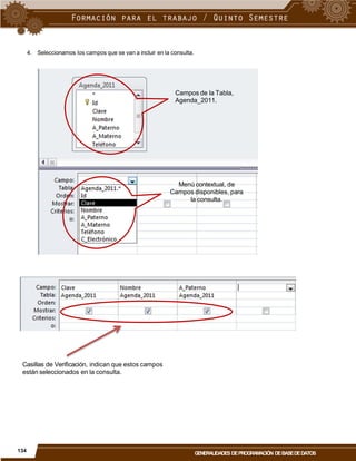 4. Seleccionamos los campos que se van a incluir en la consulta.
Campos de la Tabla,
Agenda_2011.
Menú contextual, de
Campos disponibles, para
la consulta.
Casillas de Verificación, indican que estos campos
están seleccionados en la consulta.
134
GENERALIDADES DEPROGRAMACIÓN DEBASEDEDATOS
 