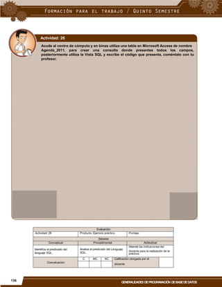 Actividad: 26
Acude al centro de cómputo y en binas utiliza una tabla en Microsoft Access de nombre
Agenda_2011, para crear una consulta donde presentes todos los campos,
posteriormente utiliza la Vista SQL y escribe el código que presenta, coméntalo con tu
profesor.
docente para la realización de la
docente
136
GENERALIDADES DEPROGRAMACIÓN DEBASEDEDATOS
Evaluación
Actividad: 26 Producto: Ejercicio práctico. Puntaje:
Saberes
Conceptual Procedimental Actitudinal
Identifica el predicado del
lenguaje SQL.
Analiza el predicado del Lenguaje
SQL.
Atiende las indicaciones del
práctica.
Coevaluación
C MC NC Calificación otorgada por el
 