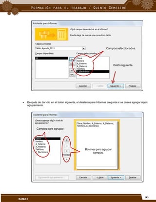 Campos seleccionados.
Botón siguiente.
 Después de dar clic en el botón siguiente, el Asistente para Informes pregunta si se desea agregar algún
agrupamiento.
Campos para agrupar.
Botones para agrupar
campos.
143
BLOQUE3
 