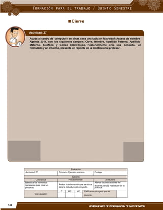 Cierre
Actividad: 27
Acude al centro de cómputo y en binas crea una tabla en Microsoft Access de nombre
Agenda_2011, con los siguientes campos: Clave, Nombre, Apellido Paterno, Apellido
Materno, Teléfono y Correo Electrónico. Posteriormente crea una
formulario y un informe, presenta un reporte de la práctica a tu profesor.
consulta, un
docente para la realización de la
docente
146
GENERALIDADES DEPROGRAMACIÓN DEBASEDEDATOS
Evaluación
Actividad: 27 Producto: Ejercicio práctico. Puntaje:
Saberes
Conceptual Procedimental Actitudinal
Identifica los elementos
necesarios para crear un
proyecto.
Analiza la informaciónque se utiliza
para la estructura del proyecto.
Atiende las indicaciones del
práctica.
Coevaluación
C MC NC Calificación otorgada por el
 