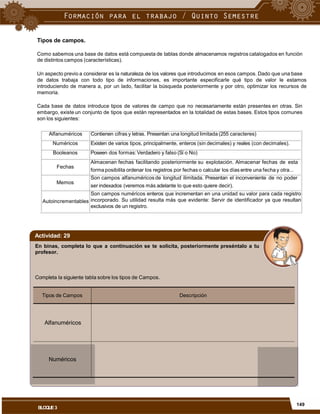 Tipos de campos.
Como sabemos una base de datos está compuesta de tablas donde almacenamos registros catalogados en función
de distintos campos (características).
Un aspecto previo a considerar es la naturaleza de los valores que introducimos en esos campos. Dado que una base
de datos trabaja con todo tipo de informaciones, es importante especificarle qué tipo de valor le estamos
introduciendo de manera a, por un lado, facilitar la búsqueda posteriormente y por otro, optimizar los recursos de
memoria.
Cada base de datos introduce tipos de valores de campo que no necesariamente están presentes en otras. Sin
embargo, existe un conjunto de tipos que están representados en la totalidad de estas bases. Estos tipos comunes
son los siguientes:
forma posibilita ordenar los registros por fechas o calcular los días entre una fecha y otra...
ser indexados (veremos más adelante lo que esto quiere decir).
Actividad: 29
En binas, completa lo que a continuación se te solicita, posteriormente preséntalo a tu
profesor.
Completa la siguiente tabla sobre los tipos de Campos.
Tipos de Campos Descripción
Alfanuméricos
Numéricos
149
BLOQUE3
Alfanuméricos Contienen cifras y letras. Presentan una longitud limitada (255 caracteres)
Numéricos Existen de varios tipos, principalmente, enteros (sin decimales) y reales (con decimales).
Booleanos Poseen dos formas:Verdadero y falso (Sí o No)
Fechas
Almacenan fechas facilitando posteriormente su explotación. Almacenar fechas de esta
Memos
Son campos alfanuméricos de longitud ilimitada. Presentan el inconveniente de no poder
Autoincrementables
Son campos numéricos enteros que incrementan en una unidad su valor para cada registro
incorporado. Su utilidad resulta más que evidente: Servir de identificador ya que resultan
exclusivos de un registro.
 