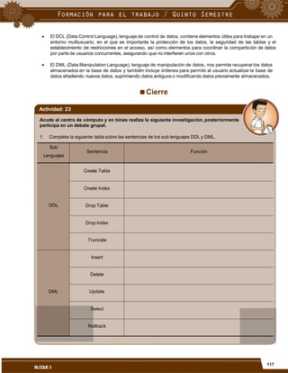  El DCL (Data Control Language), lenguaje de control de datos, contiene elementos útiles para trabajar en un
entorno multiusuario, en el que es importante la protección de los datos, la seguridad de las tablas y el
establecimiento de restricciones en el acceso, así como elementos para coordinar la compartición de datos
por parte de usuarios concurrentes, asegurando que no interfieren unos con otros.
 El DML (Data Manipulation Language), lenguaje de manipulación de datos, nos permite recuperar los datos
almacenados en la base de datos y también incluye órdenes para permitir al usuario actualizar la base de
datos añadiendo nuevos datos, suprimiendo datos antiguos o modificando datos previamente almacenados.
Cierre
Actividad: 23
Acude al centro de cómputo y en binas realiza la siguiente investigación, posteriormente
participa en un debate grupal.
1. Completa la siguiente tabla sobre las sentencias de los sub lenguajes DDL y DML.
Sub
Lenguajes
Sentencia Función
Create Tabla
Create Index
DDL Drop Table
Drop Index
Truncate
Insert
Delete
DML Update
Select
Rollback
117
BLOQUE3
 