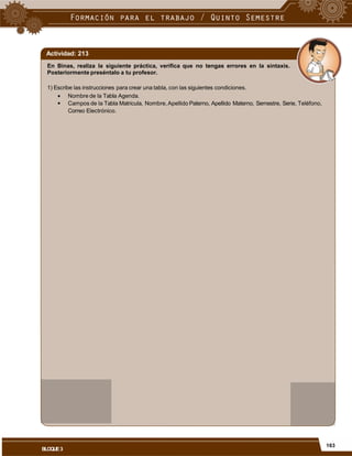 Actividad: 213
En Binas, realiza la siguiente práctica, verifica que no tengas errores en la sintaxis.
Posteriormente preséntalo a tu profesor.
1) Escribe las instrucciones para crear una tabla, con las siguientes condiciones.


Nombre de la Tabla Agenda.
Campos de la Tabla Matricula, Nombre,Apellido Paterno, Apellido Materno, Semestre, Serie, Teléfono,
Correo Electrónico.
163
BLOQUE3
 