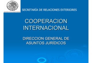 COOPERACIONCOOPERACION
INTERNACIONALINTERNACIONAL
DIRECCION GENERAL DEDIRECCION GENERAL DE
ASUNTOS JURASUNTOS JURÍÍDICOSDICOS
SECRETARÍA DE RELACIONES EXTERIORES
 