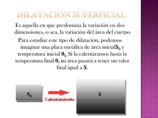 Dilatación volumétricaEs aquella en que predomina la variación en tres dimensiones, o sea, la variación del volumen del cuerpo.Para estudiar este tipo de dilatación, podemos imaginar un cubo metálico de volumen inicial V0 y la temperatura inicial θ0. Si lo calentamos hasta la temperatura final, su volumen pasará a tener un valor final igual a V.