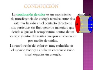 La conducción térmica está determinada por la ley de Fourier. Establece que la tasa de transferencia de calor por conducción en una dirección dada, es proporcional al área normal a la dirección del flujo de calor y al gradiente de temperatura en esa dirección.Donde:es la tasa de flujo de calor que atraviesa el área A en la dirección xK (o λ) es una constante de proporcionalidad llamada conductividad térmicaT es la temperaturat es le tiempo