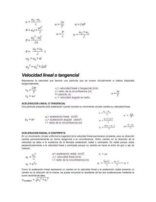 Velocidad lineal o tangencial
Representa la velocidad que llevaría una partícula que se mueve circularmente si saliera disparada
tangencialmente.
ACELERACION LINEAL O TANGENCIAL
Una partícula presenta esta aceleración cuando durante su movimiento circular cambia su velocidad lineal.
ACELERACION RADIAL O CENTRÍPETA
En un movimiento circular uniforme la magnitud de la velocidad lineal permanece constante, pero su dirección
cambia permanentemente en forma tangencial a la circunferencia. Dicho cambio en la dirección de la
velocidad se debe a la existencia de la llamada aceleración radial o centrípeta. Es radial porque actúa
perpendicularmente a la velocidad lineal y centrípeta porque su sentido es hacia el entro de giro o eje de
rotación.
Como la aceleración lineal representa un cambio en la velocidad lineal y la aceleración radial presenta un
cambio en la dirección de la misma, se puede encontrar la resultante de las dos aceleraciones mediante la
suma vectorial de ellas
 