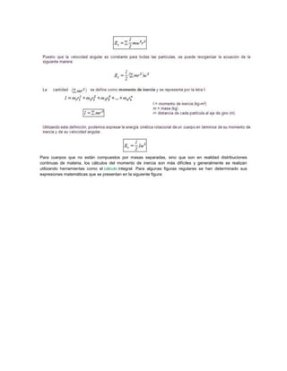 Para cuerpos que no están compuestos por masas separadas, sino que son en realidad distribuciones
continuas de materia, los cálculos del momento de inercia son más difíciles y generalmente se realizan
utilizando herramientas como el cálculo integral. Para algunas figuras regulares se han determinado sus
expresiones matemáticas que se presentan en la siguiente figura:
 
