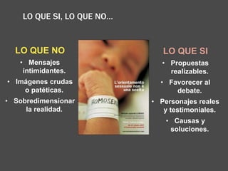 LO QUE SI, LO QUE NO…
LO QUE NO
• Mensajes
intimidantes.
• Imágenes crudas
o patéticas.
• Sobredimensionar
la realidad.
LO QUE SI
• Propuestas
realizables.
• Favorecer al
debate.
• Personajes reales
y testimoniales.
• Causas y
soluciones.
 