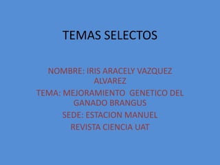 TEMAS SELECTOS NOMBRE: IRIS ARACELY VAZQUEZ ALVAREZ TEMA: MEJORAMIENTO  GENETICO DEL GANADO BRANGUS SEDE: ESTACION MANUEL REVISTA CIENCIA UAT 