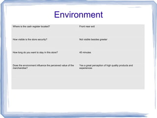 Environment
Where is the cash register located? Front near exit
How visible is the store security? Not visible besides greeter
How long do you want to stay in this store? 45 minutes
Does the environment influence the perceived value of the
merchandise?
Yes a great perception of high quality products and
experiences
 