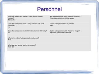 Personnel
How long does it take before a sales person initiates
contact?
15 minutes
Are the salespeople using the store products?
Potentially clothing, and other wears
Does the salesperson have a script to follow with each
customer?
no
Do the salespeople have a uniform?
Yes
Does the salesperson treat different customers differently?
No
Do the salespeople match the stores image?
Yes open, personable, relatable
What is the ratio of salespeople to customers?
1:10
What age and gender are the employees?
Male -20
 
