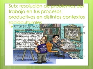 Sub: resolución de problemas del 
trabajo en tus procesos 
productivos en distintos contextos 
socioculturales 
 A través del trabajo con los contenidos de este 
bloque se busca desarrollar las habilidades 
relacionadas con la valoración y la capacidad 
de intervenir en el uso de productos y de 
sistemas socio técnico. De esta manera se 
pretende que los alumnos puedan evaluar sus 
beneficios y riesgos, y define ni en todas sus 
dimensiones su factibilidad, utilidad, eficacia y 
eficiencia, en términos energéticos, sociales, 
culturales y naturales, y no sólo en sus aspectos 
técnicos o económicos. 
