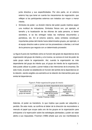 junta directiva y sus especificidades. Por otra parte, en el entorno
externo hay que tener en cuenta los mecanismos de negociación, que
reflejan si los participantes externos son tratados con mayor o menor
interés.
• Símbolos de poder. La división interna del poder puede medirse según
una multitud de indicadores. Símbolos físicos son, por ejemplo, el
tamaño y la localización de las oficinas de cada persona, si tienen
secretaria, si se les entregan todas las mañanas documentos y
periódicos, etc. En el entorno externo, estos símbolos constituyen
importantes pistas del interés hacia determinados grupos, por ejemplo, si
el equipo directivo sale a comer con los proveedores o clientes; o el nivel
de la persona que negocia con un determinado proveedor.
La figura 6 pone de manifiesto cómo en función del grado de dependencia de la
organización del grupo de interés y a la inversa, se conoce el nivel de poder de
cada grupo sobre la organización. Así, cuando la organización es más
dependiente del grupo de interés que, el grupo de interés de la organización,
éste puede utilizar su poder y poner trabas a las intenciones de la empresa. De
este modo, el poder es establecido en función del sentido de la dependencia en
la relación, siendo exigible una asimetría en la relación de intercambio para que
exista tal dependencia.
Figura 6. Poder organización-grupo de interés
¿Es el grupo de interés dependiente de la organización?
¿Es la organización
dependiente del
grupo de interés?
NO SI
NO Baja
interdependencia
Poder de la
organización
SI Poder de los grupos
de interés
Alta
interdependencia
Fuente: Frooman (1999)
Además, el poder es transitorio, lo que implica que puede ser adquirido y
perdido. De este modo, se confirma el deber de la dirección de reconsiderar a
menudo el papel que ocupa cada uno de los grupos en la organización para
anticiparse a la repercusión sobre las estrategias planteadas y poder así estar
alerta a sus respuestas. Frooman (1999) añade que una vez manifestada la
1
 