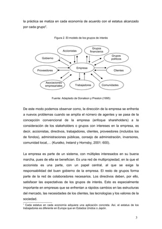 la práctica se matiza en cada economía de acuerdo con el estatus alcanzado
por cada grupo2
.
Figura 2. El modelo de los grupos de interés
Fuente: Adaptado de Donalson y Preston (1995)
De este modo podemos observar como, la dirección de la empresa se enfrenta
a nuevos problemas cuando se amplía el número de agentes y se pasa de la
concepción convencional de la empresa (enfoque shareholders) a la
consideración de los stakeholders o grupos con intereses en la empresa, es
decir, accionistas, directivos, trabajadores, clientes, proveedores (incluidos los
de fondos), administraciones públicas, consejo de administración, inversores,
comunidad local,… (Kuratko, Ireland y Hornsby, 2001: 600).
La empresa es parte de un sistema, con múltiples interesados en su buena
marcha, pues de ella se benefician. Es una red de multipropiedad, en la que el
accionista es una parte, con un papel central, al que se exige la
responsabilidad del buen gobierno de la empresa. El resto de grupos forma
parte de la red de colaboradores necesarios. Los directivos deben, por ello,
satisfacer las expectativas de los grupos de interés. Esto es especialmente
importante en empresas que se enfrentan a rápidos cambios en las estructuras
del mercado, las necesidades de los clientes, las tecnologías y los valores de la
sociedad.
2
Cada estatus en cada economía adquiere una aplicación concreta. Así, el estatus de los
trabajadores es diferente en Europa que en Estados Unidos o Japón.
Accionistas
Proveedores
Empresa
Clientes
Gobierno
Grupos
políticos
Comunidades
Asociaciones
empresariales Trabajadores
Grupos
financieros
3
 