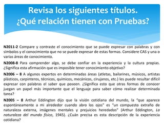 Revisa los siguientes títulos.
¿Qué relación tienen con Pruebas?
N2011-2 Compare y contraste el conocimiento que se puede expresar con palabras y con
símbolos y el conocimiento que no se puede expresar de estas formas. Considere CAS y una o
varias áreas de conocimiento.
N2008-8 Para comprender algo, se debe confiar en la experiencia y la cultura propias.
¿Significa esta afirmación que es imposible tener conocimiento objetivo?
N2006 – 8 A algunos expertos en determinadas áreas (atletas, bailarines, músicos, artistas
plásticos, carpinteros, técnicos, químicos, mecánicos, cirujanos, etc.) les puede resultar difícil
expresar con palabras el saber que poseen. ¿Significa esto que otras formas de conocer
juegan un papel más importante que el lenguaje para saber cómo realizar determinada
tarea?
N2005 – 8 Arthur Eddington dijo que la visión cotidiana del mundo, la “que aparece
espontáneamente a mi alrededor cuando abro los ojos” es “un compuesto extraño de
naturaleza externa, imágenes mentales y prejuicios heredados” (Arthur Eddington, La
naturaleza del mundo físico, 1945). ¿Cuán precisa es esta descripción de la experiencia
cotidiana?
 