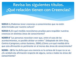 N2012-1 ¿Podemos tener creencias o conocimientos que no estén
determinados por nuestra cultura?
N2010-4 ¿En qué medida necesitamos pruebas para respaldar nuestras
creencias en distintas áreas de conocimiento?
N2009-8 “Las personas necesitan creer que, entre el caos de los
acontecimientos, es posible atisbar un orden.” (Adaptado de John Gray,
Contra el progreso y otras ilusiones, 2004) ¿Cómo y en qué medida diría
que esta afirmación es pertinente en al menos dos áreas de conocimiento?
N2006 – 10 Se ha dicho que una creencia es la certeza de lo que no se ve.
¿Es verdad esta afirmación respecto de alguna, varias o todas las áreas del
conocimiento?
Revisa los siguientes títulos.
¿Qué relación tienen con Creencias?
 