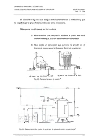 UNIVERSIDAD POLITÉCNICA DE CARTAGENA
ESCUELA DE ARQUITECTURA E INGENIERIA DE EDIFICACIÓN INSTALACIONES I
Tema 1. 1ª Parte
Dra. Gemma Vázquez Arenas 73
Se colocará un by-pass que asegura el funcionamiento de la instalación y que
no haga trabajar al grupo hidroneumático de forma innecesaria.
El tanque de presión puede ser de tres tipos:
A. Que no exista una compresión adicional al propio aire en el
interior del tanque, o lo que es lo mismo sin compresor.
B. Que exista un compresor que aumente la presión en el
interior de tanque y por tanto pueda disminuir su volumen.
Fig. 63. Tipos de tanques de presión
8
.
Fig. 64. Esquema con las partes de un grupo de sobre-elevación convencional
4
.
 