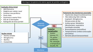 Avaliação clínica inicial
• ABC/Oximetria
• Oxigénio por cateter nasal
• Canalizar veia periférica
• Sinais vitais
• Anamnese e exame físico
• ECG de 12 derivações
• Radiografia de tórax portátil
Acções iniciais
• Doente sentado
• Nitroglicerina
• Morfina
• Furosemida
Resposta
adequada
Suspeitar
complicações
• Avaliar:
diurese, FC,
TA, pulsos
periféricos,
FR, coloração
e temperatura
da pele, NC
Tratamento dos transtornos associados
• Hipotensão (dopamina/dobutamina)
• TAS>160mmHg TAD>110mHg
(captopril, Nitroglicerina,
Nitroprussiato de Na)
• Acidose grave: Metabólica
(Bicarbonato), respiratória
(ventilação assistida)
• Broncoespasmo (aminofilina)
• Tamponamento cardíaco (evacuação
pericárdica)
• Derrame pleural (toracocentese)
Não
Abordagem terapêutica do edema agudo de pulmão cardiogênico
Sim
Monitorar
 