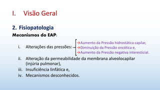 I. Visão Geral
2. Fisiopatologia
Mecanismos do EAP:
i. Alterações das pressões:
ii. Alteração da permeabilidade da membrana alveolocapilar
(injúria pulmonar),
iii. Insuficiência linfática e,
iv. Mecanismos desconhecidos.
→Aumento da Pressão hidrostática capilar,
→Diminuição da Pressão oncótica e,
→Aumento da Pressão negativa interesticial.
 