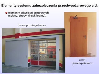 elementy oddzieleń pożarowych
(ściany, stropy, drzwi, bramy).
brama przeciwpożarowa
drzwi
przeciwpożarowe
Elementy systemu zabezpieczenia przeciwpożarowego c.d.
 