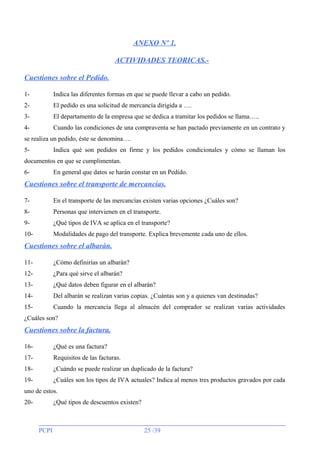 ANEXO Nº 1.
ACTIVIDADES TEORICAS.Cuestiones sobre el Pedido.
1-

Indica las diferentes formas en que se puede llevar a cabo un pedido.

2-

El pedido es una solicitud de mercancía dirigida a ….

3-

El departamento de la empresa que se dedica a tramitar los pedidos se llama…..

4-

Cuando las condiciones de una compraventa se han pactado previamente en un contrato y

se realiza un pedido, éste se denomina….
5-

Indica qué son pedidos en firme y los pedidos condicionales y cómo se llaman los

documentos en que se cumplimentan.
6-

En general que datos se harán constar en un Pedido.

Cuestiones sobre el transporte de mercancías.
7-

En el transporte de las mercancías existen varias opciones ¿Cuáles son?

8-

Personas que intervienen en el transporte.

9-

¿Qué tipos de IVA se aplica en el transporte?

10-

Modalidades de pago del transporte. Explica brevemente cada uno de ellos.

Cuestiones sobre el albarán.
11-

¿Cómo definirías un albarán?

12-

¿Para qué sirve el albarán?

13-

¿Qué datos deben figurar en el albarán?

14-

Del albarán se realizan varias copias. ¿Cuántas son y a quienes van destinadas?

15-

Cuando la mercancía llega al almacén del comprador se realizan varias actividades

¿Cuáles son?

Cuestiones sobre la factura.
16-

¿Qué es una factura?

17-

Requisitos de las facturas.

18-

¿Cuándo se puede realizar un duplicado de la factura?

19-

¿Cuáles son los tipos de IVA actuales? Indica al menos tres productos gravados por cada

uno de estos.
20-

¿Qué tipos de descuentos existen?

PCPI

25 /39

 