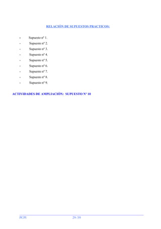 RELACIÓN DE SUPUESTOS PRACTICOS:
-

Supuesto nº 1.

-

Supuesto nº 2.

-

Supuesto nº 3.

-

Supuesto nº 4.

-

Supuesto nº 5.

-

Supuesto nº 6.

-

Supuesto nº 7.

-

Supuesto nº 8.

-

Supuesto nº 9.

ACTIVIDADES DE AMPLIACIÓN: SUPUESTO Nº 10

PCPI

29 /39

 