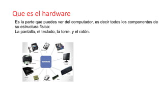 Que es el hardware
Es la parte que puedes ver del computador, es decir todos los componentes de
su estructura física:
La pantalla, el teclado, la torre, y el ratón.
 