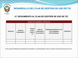 DESARROLLO DEL PLAN DE GESTION DE USO DE TIC 6.7 SEGUIMIENTO AL PLAN DE GESTIÓN DE USO DE TIC *EVALUACION PERIODICA DEFINIDA DE ACUERDO A LAS REUNIONES CON EL EQUIPO DE GESTIÓN DE USO DE TIC MATRIZ DE SEGUIMIENTO A PROYECTOS PROYECTO FECHA DE SEGUIMIENTO %AVANCE DEL PROYECTO NIVEL DE CUMPLIEMTO DE LAS METAS APRENDIZAJE RESPECTO A LAS TIC EN TERMINOS INSTITUCIONALES EVIDENCIAS 