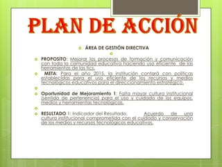    ÁREA DE GESTIÓN DIRECTIVA
                                
   PROPOSITO: Mejorar los procesos de formación y comunicación
    con toda la comunidad educativa haciendo uso eficiente de las
    herramientas de las tics.
     META: Para el año 2015, la institución contará con políticas
    establecidas para el uso eficiente de los recursos y medios
    tecnológicos educativos para el direccionamiento estratégico.

   Oportunidad de Mejoramiento 1: Falta mayor cultura institucional
    (sentido de pertenencia) para el uso y cuidado de los equipos,
    medios y herramientas tecnológicas.

   RESULTADO 1: Indicador del Resultado.       Acuerdo    de   una
    cultura institucional comprometida con el cuidado y conservación
    de los medios y recursos tecnológicos educativos.
 