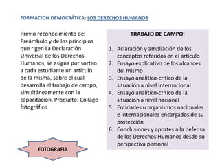 FORMACION DEMOCRÁTICA: LOS DERECHOS HUMANOS

Previo reconocimiento del                 TRABAJO DE CAMPO:
Preámbulo y de los principios
que rigen La Declaración          1. Aclaración y ampliación de los
Universal de los Derechos            conceptos referidos en el artículo
Humanos, se asigna por sorteo     2. Ensayo explicativo de los alcances
a cada estudiante un artículo        del mismo
de la misma, sobre el cual        3. Ensayo analítico-crítico de la
desarrolla el trabajo de campo,      situación a nivel internacional
simultáneamente con la            4. Ensayo analítico-crítico de la
capacitación. Producto: Collage      situación a nivel nacional
fotográfico                       5. Entidades u organismos nacionales
                                     e internacionales encargados de su
                                     protección
                                  6. Conclusiones y aportes a la defensa
                                     de los Derechos Humanos desde su
                                     perspectiva personal
       FOTOGRAFIA
 