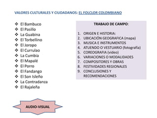 VALORES CULTURALES Y CIUDADANOS: EL FOLCLOR COLOMBIANO

   El Bambuco                           TRABAJO DE CAMPO:
   El Pasillo
   La Guabina                 1.   ORIGEN E HISTORIA:
   El Torbellino              2.   UBICACIÓN GEOGRAFICA (mapa)
                               3.   MUSICA E INSTRUMENTOS
   El Joropo
                               4.   ATUENDO O VESTUARIO (fotografía)
   El Currulao                5.   COREOGRAFIA (video)
   La Cumbia                  6.   VARIACIONES O MODALIDADES
   El Mapalé                  7.   COMPOSITORES Y OBRAS
   El Porro                   8.   FESTIVIDADES REGIONALES
   El Fandango                9.   CONCLUSIONES Y
   El Son Isleño                   RECOMENDACIONES
   La Contradanza
   El Rajaleña



      AUDIO-VISUAL
 