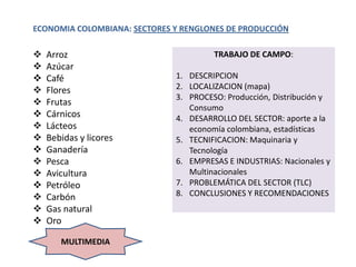 ECONOMIA COLOMBIANA: SECTORES Y RENGLONES DE PRODUCCIÓN

   Arroz                              TRABAJO DE CAMPO:
   Azúcar
   Café                      1. DESCRIPCION
   Flores                    2. LOCALIZACION (mapa)
                              3. PROCESO: Producción, Distribución y
   Frutas
                                 Consumo
   Cárnicos                  4. DESARROLLO DEL SECTOR: aporte a la
   Lácteos                      economía colombiana, estadísticas
   Bebidas y licores         5. TECNIFICACION: Maquinaria y
   Ganadería                    Tecnología
   Pesca                     6. EMPRESAS E INDUSTRIAS: Nacionales y
   Avicultura                   Multinacionales
   Petróleo                  7. PROBLEMÁTICA DEL SECTOR (TLC)
   Carbón                    8. CONCLUSIONES Y RECOMENDACIONES
   Gas natural
   Oro

       MULTIMEDIA
 