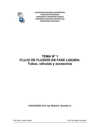 UNIVERSIDAD NACIONAL EXPERIMENTAL 
FRANCISCO DE MIRANDA 
PROGRAMA DE INGENIERIA QUIMICA 
APRENDIZAJE DIALÓGICO INTERACTIVO  
OPERACIONES UNITARIAS I 
 
 
 
 
 
 
 
 
 
 
 
 
 
 
 
TEMA N° 1
FLUJO DE FLUIDOS EN FASE LIQUIDA:
Tubos, válvulas y accesorios
 
 
 
 
 
 
 
 
 
 
 
 
 
 
 
 
 
 
FACILITADOR: Prof. Ing. Mahuli A. González G. 
Prof. MSc Lourdes Rosas Prof. Ing. Mahuli González
 