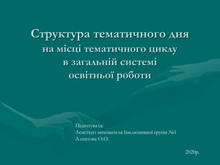 Структура тематичного дня
на місці тематичного циклу
в загальній системі
освітньої роботи
Підготувала:
Асистент вихователя Інклюзивної групи №1
Алпатова О.О.
2020р.
 