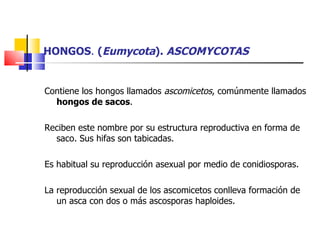 HONGOS .  ( Eumycota ).  ASCOMYCOTAS Contiene los hongos llamados  ascomicetos , comúnmente llamados  hongos de sacos . Reciben este nombre por su estructura reproductiva en forma de saco. Sus hifas son tabicadas. Es habitual su reproducción asexual por medio de conidiosporas. La reproducción sexual de los ascomicetos conlleva formación de un asca con dos o más ascosporas haploides. 