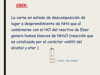 EBER:
La carne en estado de descomposición dá
lugar a desprendimiento de NH3 que al
combinarse con el HCl del reactivo de Eber
genera humos blancos de NH4Cl (reacción que
es catalizada por el carácter volátil del
alcohol y eter )
RVO. DE EBER
 