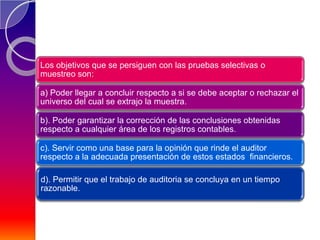 Los objetivos que se persiguen con las pruebas selectivas o
muestreo son:

a) Poder llegar a concluir respecto a si se debe aceptar o rechazar el
universo del cual se extrajo la muestra.

b). Poder garantizar la corrección de las conclusiones obtenidas
respecto a cualquier área de los registros contables.

c). Servir como una base para la opinión que rinde el auditor
respecto a la adecuada presentación de estos estados financieros.

d). Permitir que el trabajo de auditoria se concluya en un tiempo
razonable.
 
