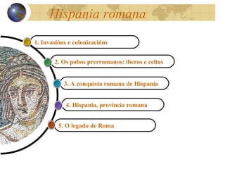 Hispania romana 4. Hispania, provincia romana 3. A conquista romana de Hispania 2. Os pobos prerromanos: iberos e celtas 1. Invasións e colonizacións 13 5. O legado de Roma   
