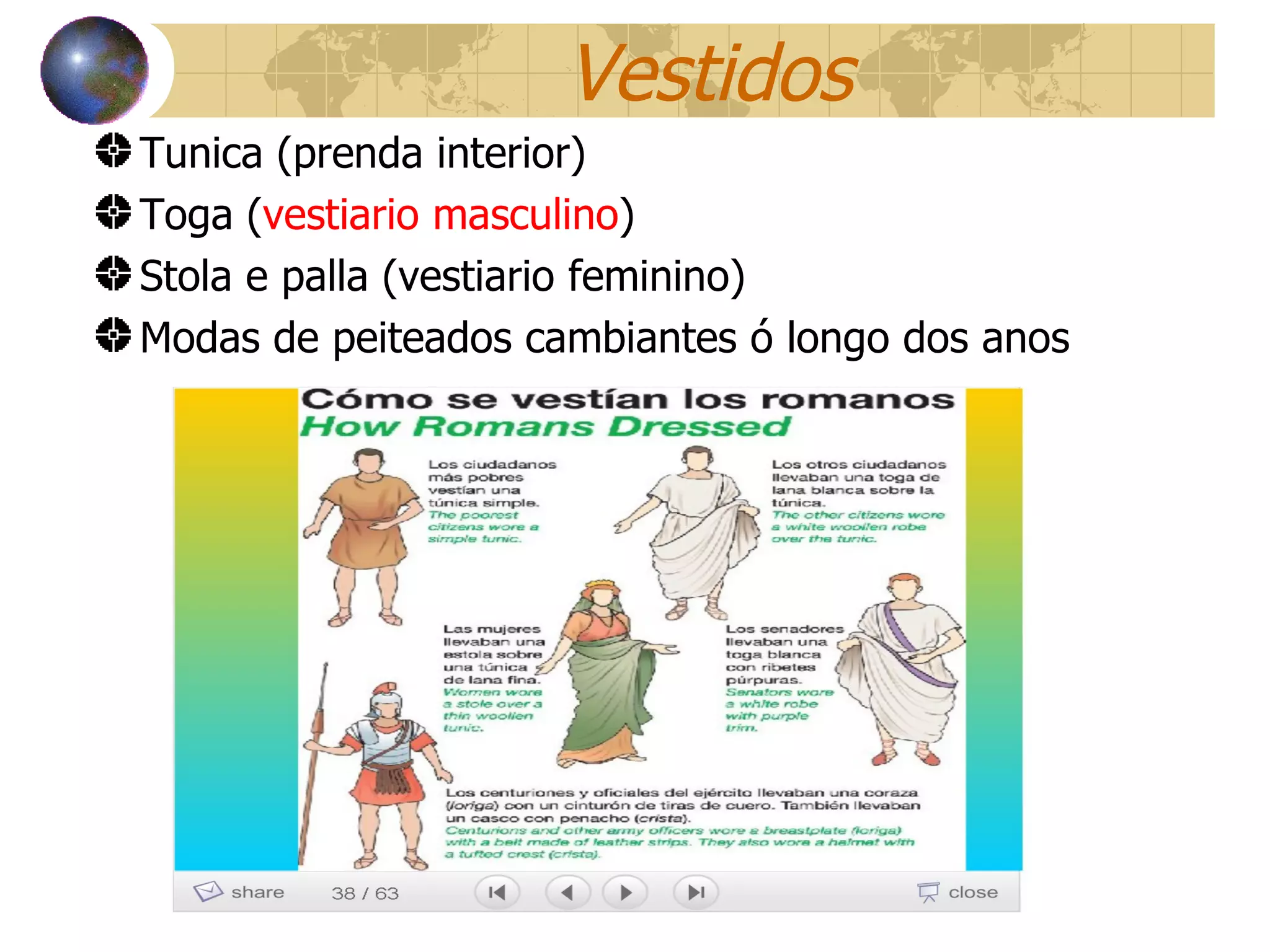 Vestidos Tunica (prenda interior) Toga ( vestiario masculino ) Stola e palla (vestiario feminino) Modas de peiteados cambiantes ó longo dos anos 