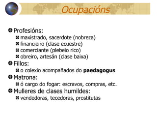 Ocupacións Profesións:  maxistrado, sacerdote (nobreza) financieiro (clase ecuestre) comerciante (plebeio rico) obreiro, artesán (clase baixa) Fillos:  o colexio acompañados do  paedagogus Matrona:  ó cargo do fogar: escravos, compras, etc. Mulleres de clases humildes:  vendedoras, tecedoras, prostitutas 