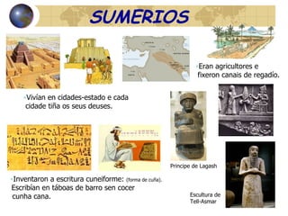 SUMERIOS Vivían en cidades-estado e cada  cidade tiña os seus deuses. Eran agricultores e fixeron canais de regadío. Inventaron a escritura cuneiforme:  (forma de cuña).  Escribían en táboas de barro sen cocer cunha cana. Principe de Lagash  Escultura de Tell-Asmar 