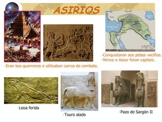 ASIRIOS Eran bos guerreiros e utilizaban carros de combate. Conquistaron aos pobos veciños. Nínive e Assur foron capitais. Leoa ferida Touro alado Pazo de Sargón II 