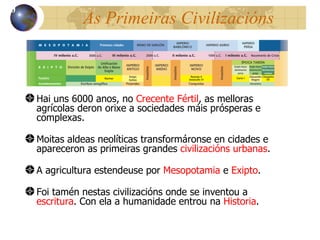 As Primeiras Civilizacións Hai uns 6000 anos, no  Crecente F értil , as melloras agrícolas deron orixe a sociedades máis prósperas e complexas . Moitas aldeas neol íticas transformáronse en cidades e apareceron as primeiras grandes  civilizacións urbanas .  A  agricultura estendeuse por  Mesopotamia  e  Exipto . Foi tamén   nestas civilizacións onde se invent ou a  escritura . Con ela a humanidade entrou na  Historia . 10 